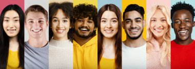 Bir kolaj, çeşitli geçmişe ve saç tiplerine sahip, gülümseyen sekiz kişiden oluşan bir grup içerir. Mutluluk ve dostluğu ifade eden parlak, renkli geçmişlere karşıdırlar..