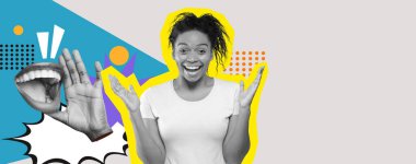 Canlı ve enerjik bir kolaj, elleri açık gülümseyen bir insanı heyecanlandırır. Renkli şekiller ve oyuncu elementler ana figürün etrafını sararak canlı atmosferi güçlendirir..