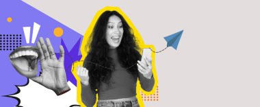 Renkli tasarımlarla uğraşırken coşkuyla gülümseyen bir kadının yer aldığı canlı bir kolaj. Telefonunu tutuyor, eğlenceli grafiklerle çevrili, bir anlık heyecan ve yaratıcılığı yakalıyor..