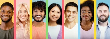 Bir kolaj yedi kişilik çeşitli bir grubu, hepsi parlak bir şekilde gülümsüyor. Arkaplan renkli, neşeli ifadelere canlandırıcı bir hava katıyor..
