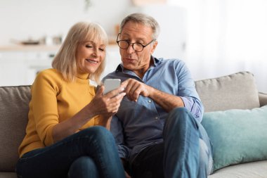 İki yetişkin sıcak, davetkar bir oturma odasında kanepede birlikte oturup, mutluluk ve merakla dolu bir akıllı telefona baktıklarında mutlu bir an yaşarlar..