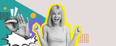 Bu sanat eserinde neşeli ifadeler ve eğlenceli grafik elementlerin karışımı olan dinamik bir kolaj yer alıyor. Genç bir kadın neşe gösterirken, neşeli efektler sahneye enerji katıyor..