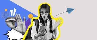 Dinamik bir kolaj, akıllı telefon, kalın grafik şekiller, ses dalgaları ve anlamlı el hareketleri ile etkileşimde olan şaşırmış bir insanı içerir..