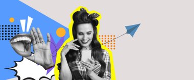 Canlı bir kolaj, akıllı telefonunu kullanırken gülümseyen bir kadını gösteriyor. Renkli grafikler ve el ve ağız gibi eğlenceli elementler iletişim ve heyecanı sembolize ederek enerji ekler..