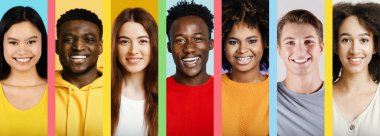 Canlı bir grup insan çeşitli ifadeler sergileyerek ışıl ışıl gülümsüyor. Sahne, neşeli atmosferi geliştiren renkli arka planlara sahip..