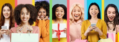 Bir grup farklı genç kadın birlikte alışveriş gününün tadını çıkarıyorlar. Gülümsüyorlar, çantalar ve hediyeler tutuyorlar ve telefonlarını canlı, renkli bir şekilde kullanıyorlar..
