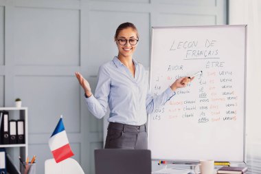 Gülümseyen bir öğretmen parlak bir sınıfta beyaz bir tahtanın yanında Fransızca dersi veriyor. O anahtar fiil ve cümleleri anlatırken öğrenciler meşgul. Atmosfere bir Fransız bayrağı ekleniyor.