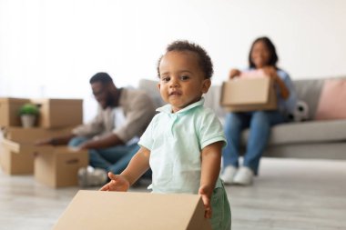 Mutlu bir zenci aile yeni bir daireye taşınıyor. Küçük bir çocuk yerde oynayan bir karton kutuyu itiyor. Ailesi taşınma sürecinin tadını çıkarırken yakınlardaki bavulları boşaltmaya yardım ediyor..