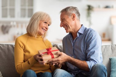 Gülümseyen bir çift, oturma odasındaki rahat bir kanepede güzel bir hediyeyi paylaşırken özel bir anı paylaşır. Sıcak ve mutluluk saçar..