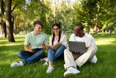 Üç arkadaş bir parkta çimlerin üzerinde oturmuş çalışma materyallerine odaklanıyorlar. Bir dizüstü bilgisayar ve kitaplar, notlarını paylaşırken ve sıcak güneş ışığının tadını çıkarırken mevcuttur..