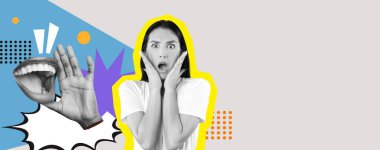 Bir kadın, elleri yüzünde şok olmuş bir ifade sergiler. Arkasında canlı bir kolaj var. Kalın renkler ve şekiller var. Bir el ve ağız da dahil..