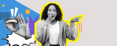 Bir kadın yaratıcı bir kolajın ortasında neşeli bir jestle neşeyi ifade ediyor. Parlak renkler ve grafik şekiller onu çevreleyip, canlı atmosferi ve ruh halini güçlendirir..