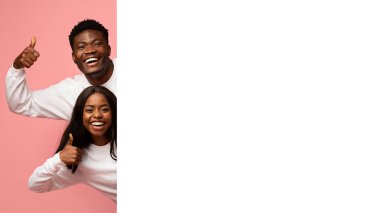 Canlı pembe bir stüdyo geçmişinde, neşeli bir Afrikalı Amerikalı çift beyaz bir yatay reklam panosu tutarken poz veriyor..