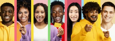 Canlı bir kolaj, çeşitli bireylerin gülümsediğini ve eğlendiğini gösteriyor. Parlak kıyafetler giyiyorlar ve birlikte neşeli bir an geçiriyorlar. Ortam neşeli ve canlı..