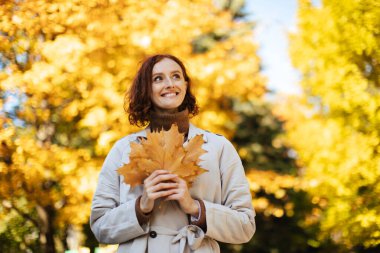 Parkta bir kadın neşeli bir şekilde elinde bir demet renkli sonbahar yaprağı tutuyor. Açık bir günde parlak sarı ağaçlar sıcak ve davetkar bir atmosfer yaratır..