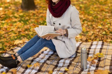 Renkli sonbahar yaprakları arasında bir kişi battaniyeye rahatça oturur, termos tutarken kitap okur. Huzurlu park ortamı huzurlu bir atmosfer yaratıyor..