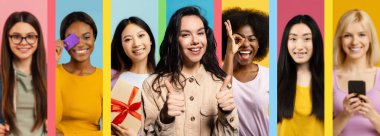 Neşeli bir arkadaş grubu renkli bir kolaj içinde birlikte poz veriyor. Her insan eşsiz kişiliğini gülümseme ve eğlenceli jestlerle gösterir, neşe ve dostluğu kutlar..