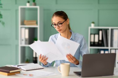 Odaklanmış bir iş kadını, çağdaş bir ofiste masasında otururken belgeleri analiz eder. Raporlar ve bir fincan kahveyle çevrili olarak özenle dizüstü bilgisayarı üzerinde çalışıyor..