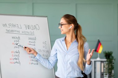 Neşeli bir Almanca öğretmeni tahtaya yakın yabancı dil kurallarını açıklıyor. Hava modülü takıyor ve öğrencileri sanal dil seminerine sokuyor. Onun coşkusu öğrenmeye ilham veriyor..