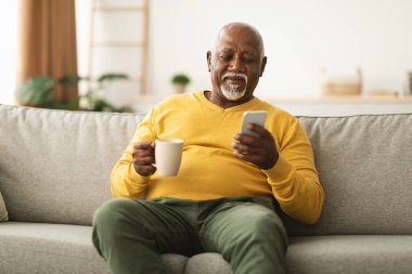 Son sınıf öğrencisi rahat bir şekilde kanepede oturur, akıllı telefonunu kontrol ederken beyaz bardaktan kahve yudumlar. Parlak oturma odasında sıcak ve davetkar bir atmosfer var..