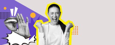 Canlı bir kolaj heyecanla elleri havada ve ağzı açık bir şekilde sevinç ifade eden bir kadın yakalar. Arka plan neşeli şekiller ve renkler içeriyor, neşeli havayı geliştiriyor..