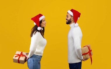 Mutlu bir çift karşı karşıya duruyor, ikisi de Noel Baba şapkası ve kazak giyiyor. Her birinin sırtında tatil sezonunda birbirlerine sürpriz yapmaya hazır birer hediye taşırlar..