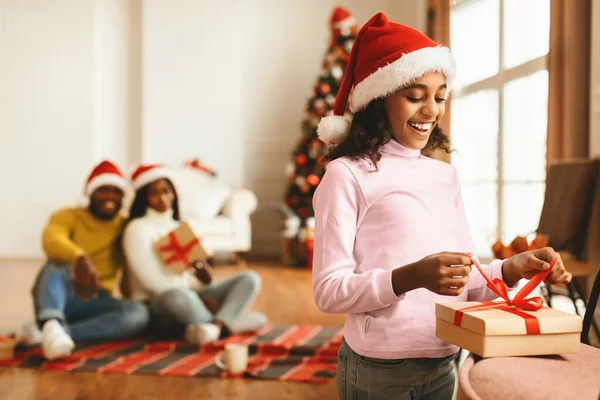 Noel için dekore edilmiş bir oturma odasında hediyesini açarken bir çocuk gülümsüyor. Aile üyeleri yakınlarda otururlar, şenlikli şapkalar takarlar ve birlikte anın tadını çıkarırlar..