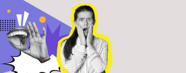 Bu kolajda elleri yüzünde, cesur şekil ve renklerle çevrili, şaşırmış genç bir kadın var..