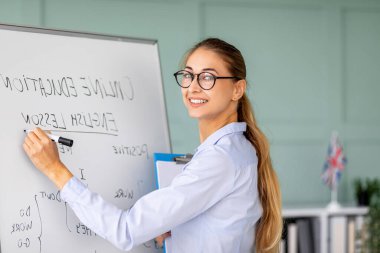 Mutlu bir milenyum öğretmeni beyaz tahtaya yazarak çevrimiçi İngilizce dersi verir. Dil bilgisi kurallarını ve kameraya gülümsemeyi açıklıyor, dost bir öğrenme ortamı yaratıyor..