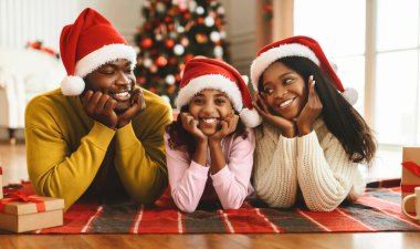 Üç aile üyesi battaniyenin üzerinde yatarken kırmızı Noel şapkaları giyer. Gülümsüyor ve bir oturma odasında Noel ağacıyla süslenmiş bir şekilde poz veriyorlar ve hediyeler veriyorlar..