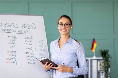 Neşeli Almanca öğretmeni bir tahtanın yanında duruyor, çevrimiçi bir dil dersi veriyor. Modern bir sınıfta öğrencilere web dersinde rehberlik ederken kameraya gülümsüyor..