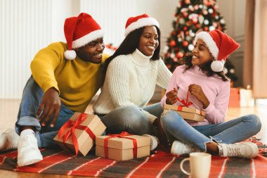 Aile üyeleri halının üzerinde Noel Baba şapkaları takarak birlikte otururlar. Sıcak bir salonda gülümser ve hediyelerini paylaşırlar. Arka planda süslü bir Noel ağacı duruyor..