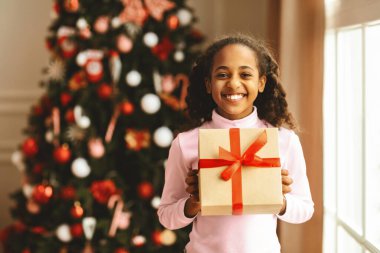 Bir kız elinde kurdeleyle bir hediye tutarken gülümsüyor. Arka planda süs ve ışıklarla süslenmiş bir Noel ağacı var. Bu bir bayram sahnesi..