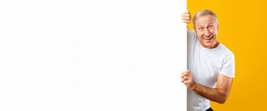 Stüdyoda gri saçlı bir adam duruyor. Elinde boş bir işaret tutarken gülümsüyor. Parlak sarı arka plan sahneyi canlandırıyor. Adam düz bir gömlek giymiş..