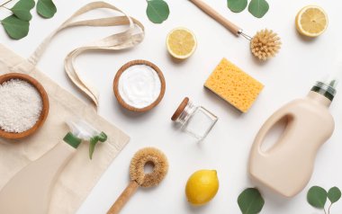 Simple recipes homemade. zero waste detergent, household chemicals sponge, lemon, salt on white background, flat lay, top view