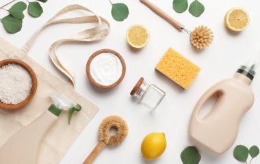 Simple recipes homemade. zero waste detergent, household chemicals sponge, lemon, salt on white background, flat lay, top view
