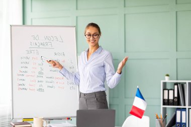 Genç öğretmen öğrencileri sanal bir Fransızca dersine sokuyor. Dil bilgisi kurallarını beyaz tahta kullanarak, sınıfından etkileşimli bir öğrenme ortamı oluşturarak açıklıyor..
