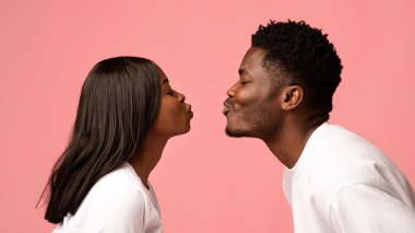 Sevgi dolu bir Afrikalı Amerikalı çiftin birbirini öptüğünün yan görüntüsü. Bağlarını ve sevgilerini gösteriyorlar. Bu yakın çekim, pembe bir arka planda sıcaklık ve aşkla dolu bir anı yakalar..