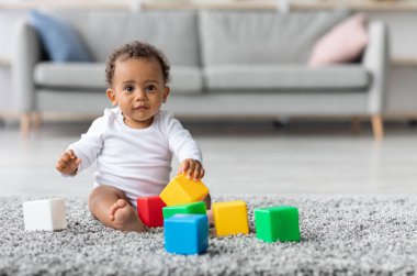 Sevimli Siyah Bebek, oturma odasında halıda otururken apartman bloklarıyla oynuyor, Afro-Amerikan şirin bir çocuğun renkli oyuncaklar kullanmasının portresi, Boşluğu Kopyala