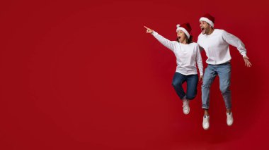 Noel Baba şapkası takan canlı bir çift heyecanla havaya zıplıyor. Onlar mutluluk ve şaşkınlık ifade ederken canlı kırmızı bir arkaplan karşısında, Noel 'in neşeli ruhunu yakalıyorlar..