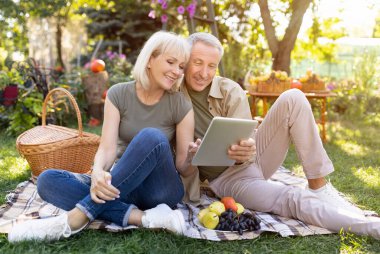 Piknik sırasında battaniyeye oturup dijital tablet kullanan, internette sörf yapan ya da alışveriş yapan güneşli bir sonbahar gününde dışarıda dinlenen yaşlı çiftin portresi.
