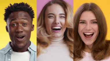 Farklı arkaplanlardan gülümseyen yüzlerden oluşan bir kolaj, parlak, renkli arkaplanlara karşı gerçek mutluluk ve heyecan ifadeleri yakalıyor. Bireyler mutluluk ve bağlantı iletir..