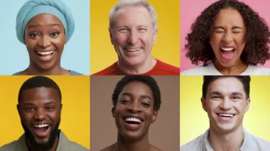 Bu canlı kolajda altı kişi neşeli duygular sergiliyor. Her portre, parlak arka planlara karşı benzersiz ifadeleri vurgular, çeşitliliği ve mutluluğu kutlar.