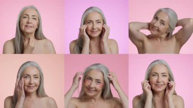 Uzun, gri saçlı yaşlı bir kadın evde rahatlatıcı bir cilt bakımı rutini uyguluyor, gülümsüyor ve yüzüne nazik dokunuşlarla kendini şımartıyor. Kendine güven ve rahatlama yayıyor..