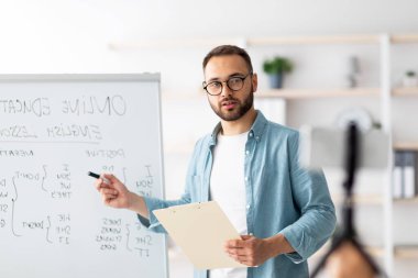 Genç erkek öğretmen İngilizce dil bilgisi kurallarıyla tahtaya işaret ederek evden online ders veriyor. Kafkas hocası içeride yabancı dil dersi veriyor.