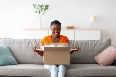 Neşeli genç siyahi kadın karton kutuyu açıyor, teslimat hizmetinden memnun, online mağaza siparişi alıyor, evdeki kanepede oturuyor. Pozitif Afro kadın oturma odasında karton paketleri açıyor.