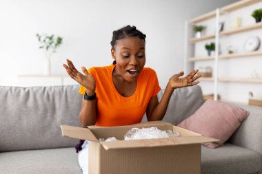 Heyecanlı siyahi kadın paketini alıyor, karton kutuyu evde açıyor, güzel alışverişlerle tatmin oluyor. Duygusal Afrikalı Amerikalı kadın çevrimiçi dağıtım alıyor, web mağazasından alışveriş yapıyor.