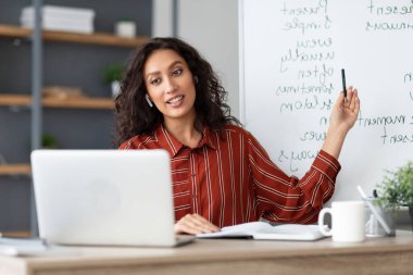 E-öğrenme. Kendine güvenen bir kadının portresi bilgisayar kullanarak görüntülü görüşme yapıyor. Kablosuz kulaklıklı bayan öğretmen, webcam ile konuşuyor, karatahtaya işaret eden öğrencilere özel ders veriyor.