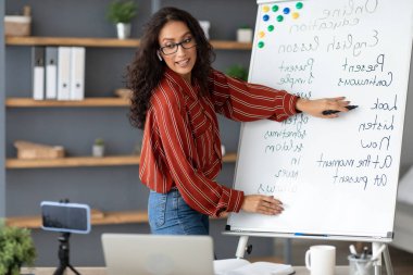 Çevrimiçi Öğrenme Konsepti. Genç bayan öğretmenin portresi beyaz tahtayı işaret ederek dil bilgisi kurallarını ve zamanları açıklıyor. Tripodda cep telefonu kullanarak özel ders, canlı yayın kursu