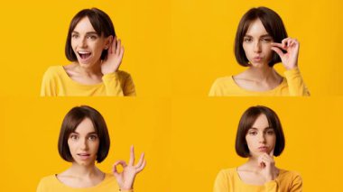 Genç bir kadın neşe ve merak da dahil olmak üzere çeşitli duygular sergiliyor. Parlak sarı arka plan, bu ilgi çekici anların kolajında onun yüz ifadelerini güçlendiriyor..